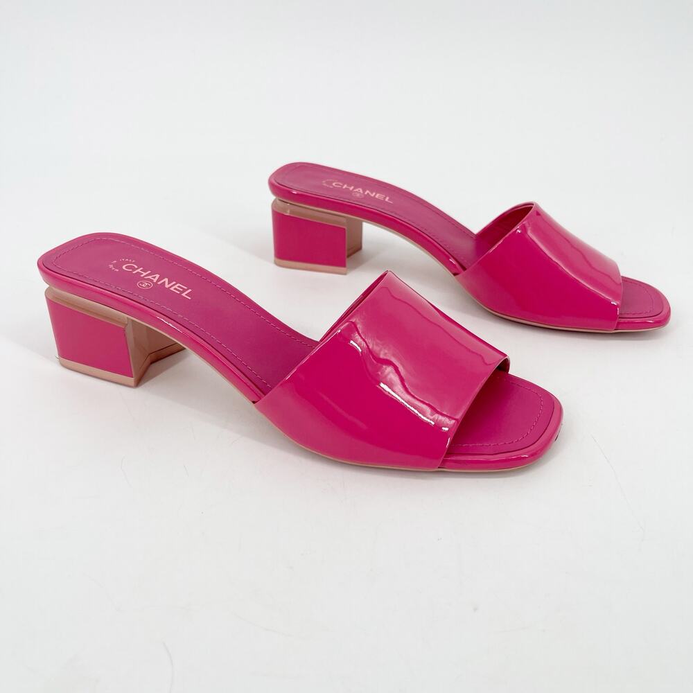 Chanel 2022 Pink Patent Calfskin CC Logo Low Block Heel Mules Sandals EU 38.5 - Picture 2 of 16